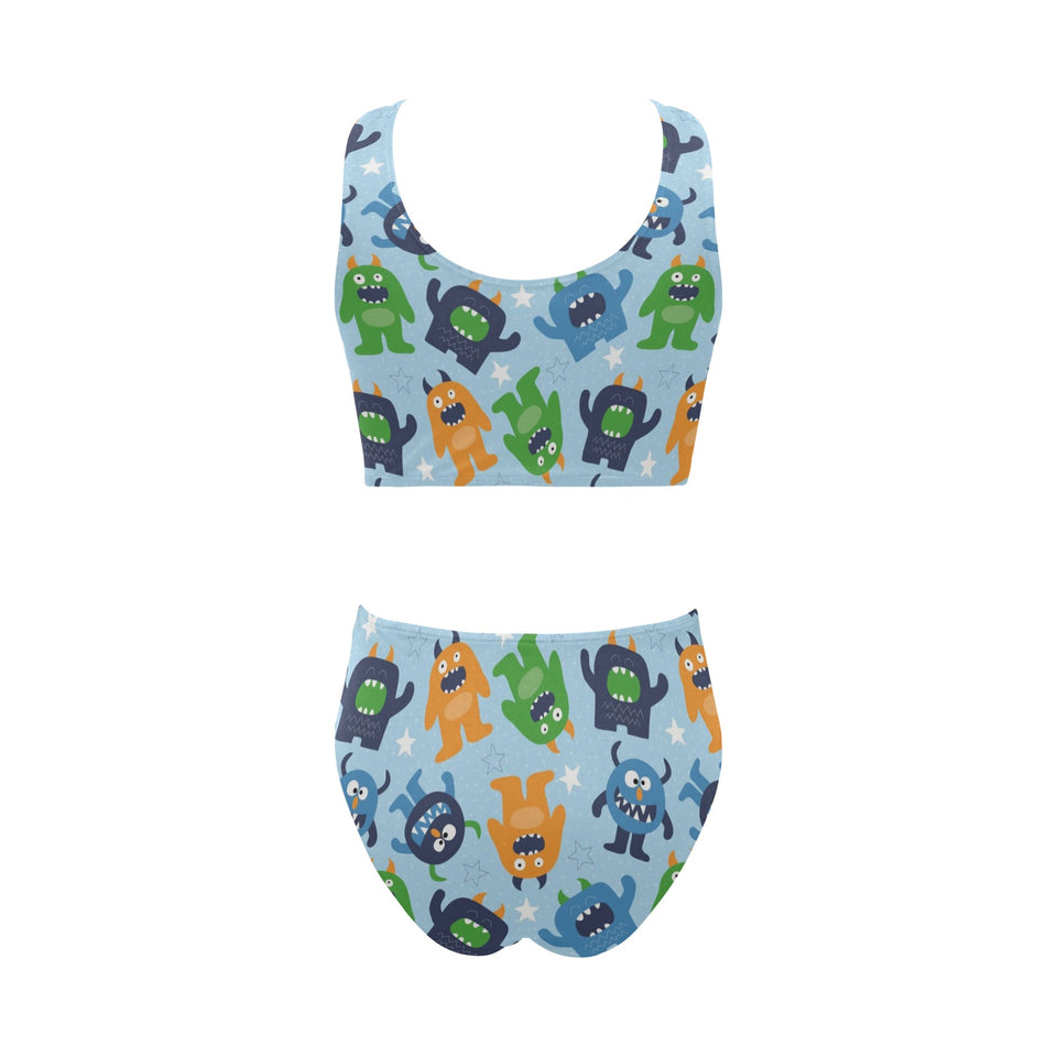 Alien Pattern Print Design 04 Chest Bowknot High Waisted Bikini Swimsuit
