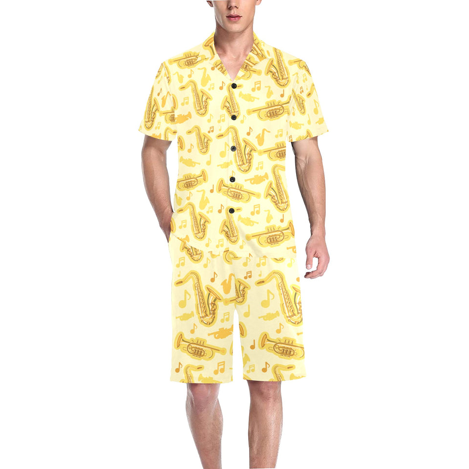 Saxophone cornet pattern yellow background Men's V-Neck Short Pajama Set