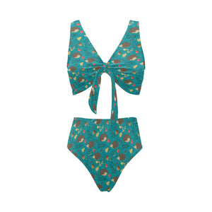 Hedgehog Pattern Print Design 01 Chest Bowknot High Waisted Bikini Swimsuit