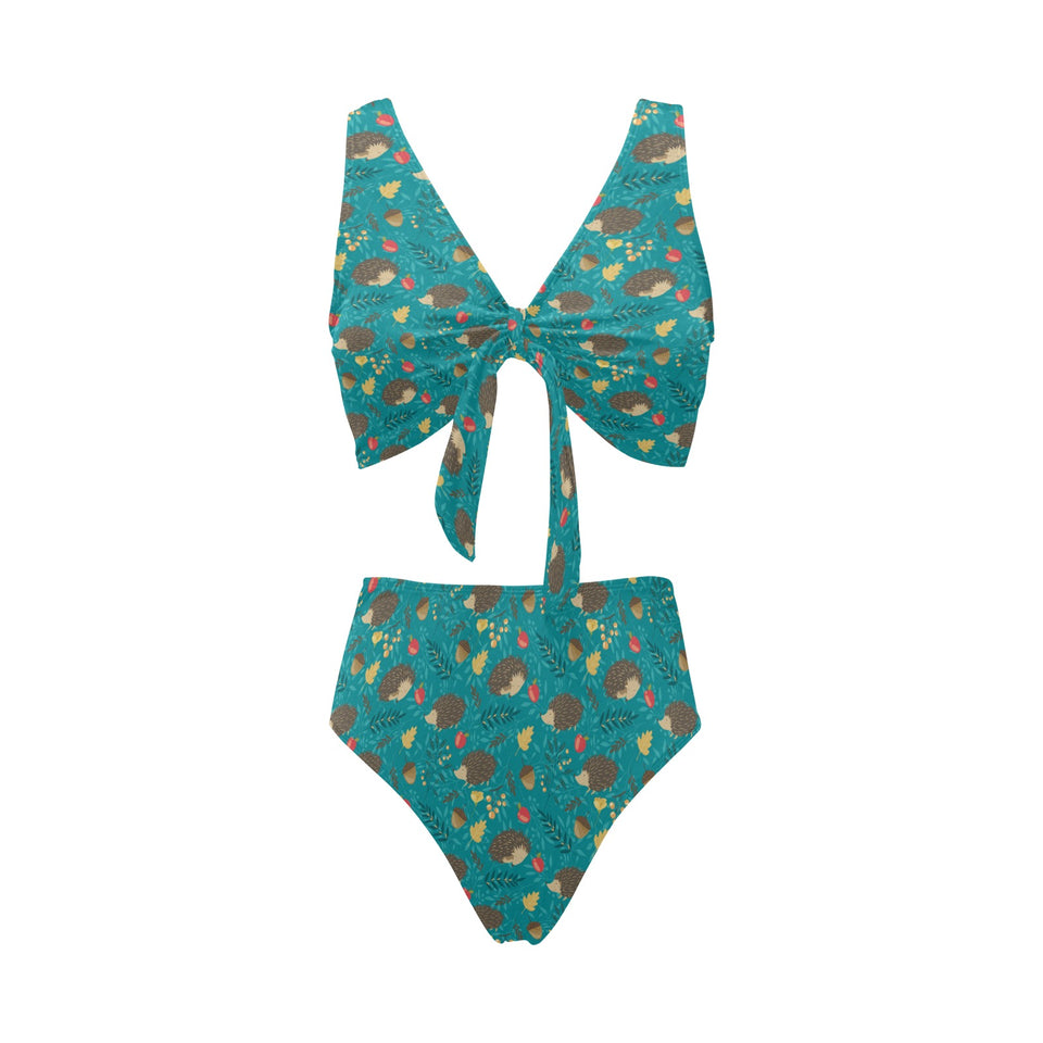 Hedgehog Pattern Print Design 01 Chest Bowknot High Waisted Bikini Swimsuit