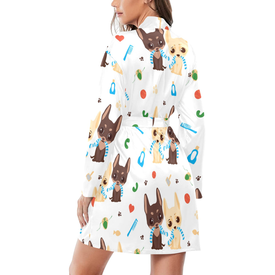 Cute Chihuahua dog pattern Women's Long Sleeve Belted Night Robe