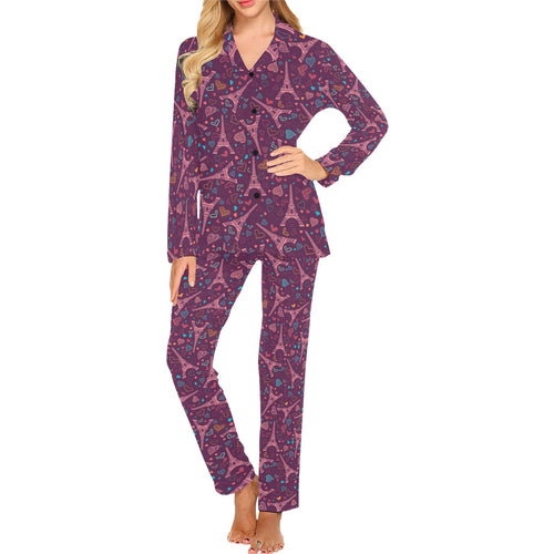 Eiffel Tower Heart Pattern Print Design 04 Women's Long Pajama Set