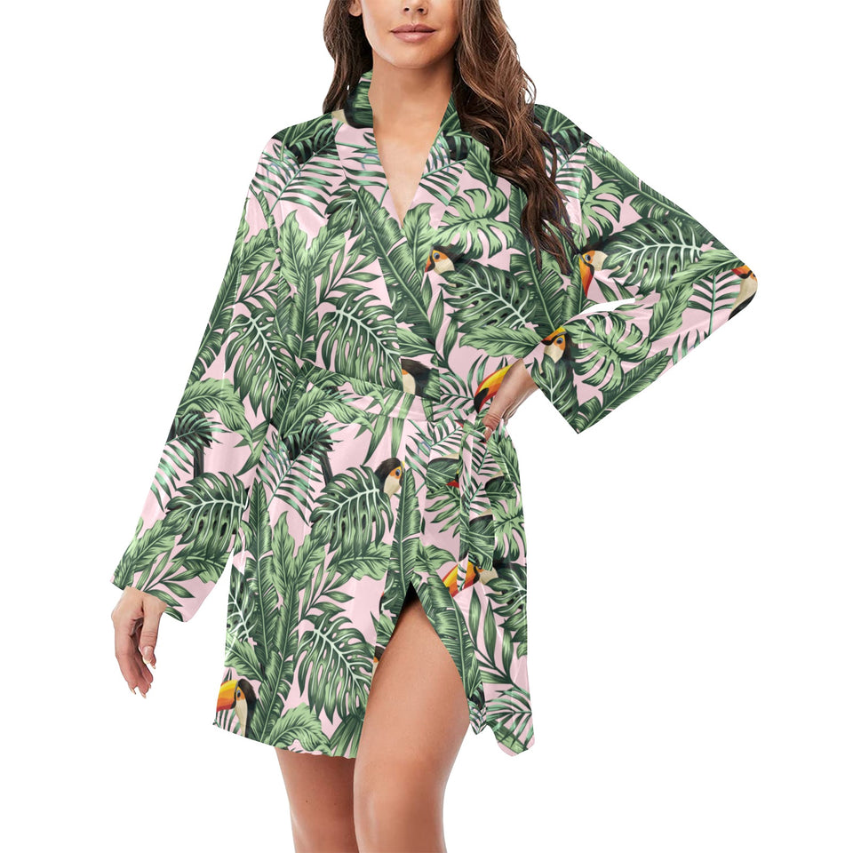 Toucan tropical green jungle palm pattern Women's Long Sleeve Belted Night Robe