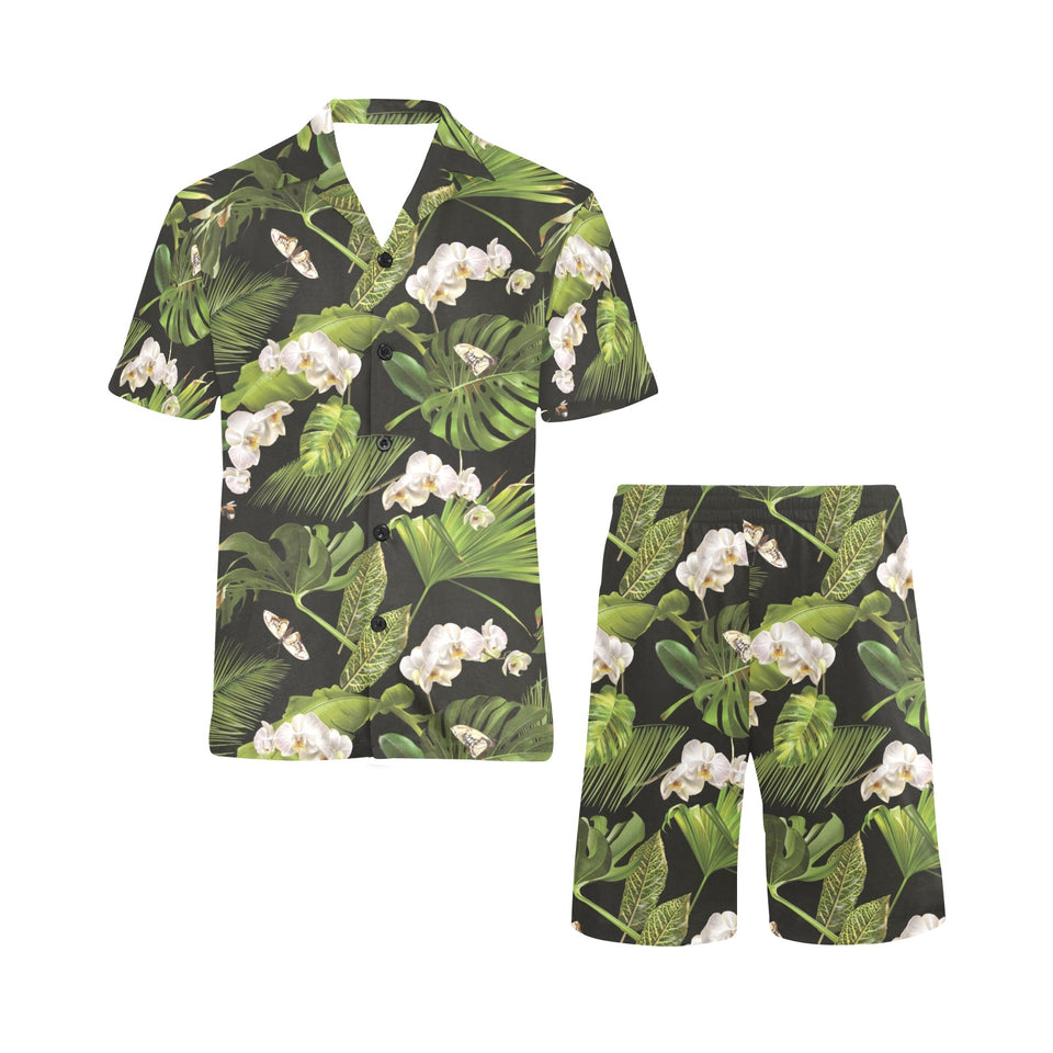 White orchid flower tropical leaves pattern blackg Men's V-Neck Short Pajama Set