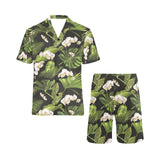 White orchid flower tropical leaves pattern blackg Men's V-Neck Short Pajama Set