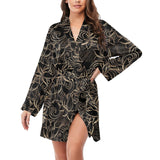 luxurious gold lotus waterlily black background Women's Long Sleeve Belted Night Robe