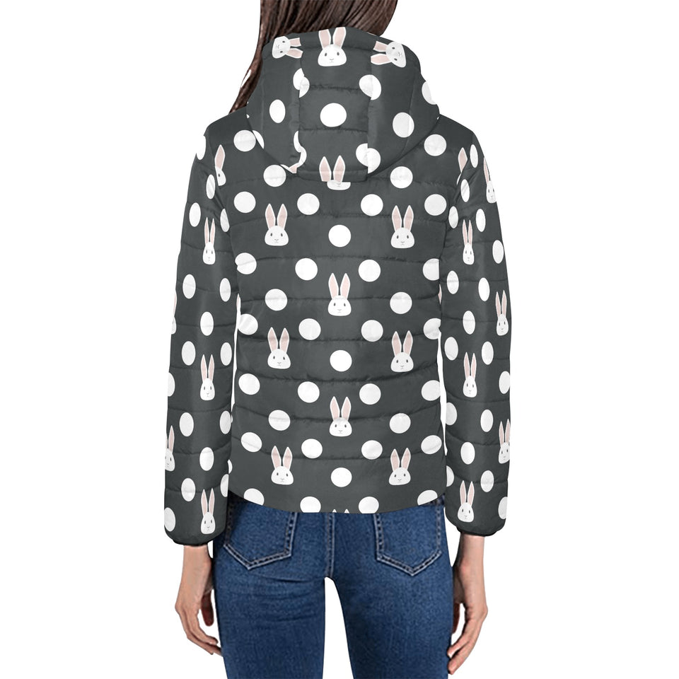 Cute white rabbit polka dots black background Women's Padded Hooded Jacket