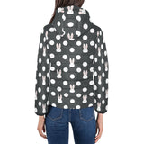 Cute white rabbit polka dots black background Women's Padded Hooded Jacket
