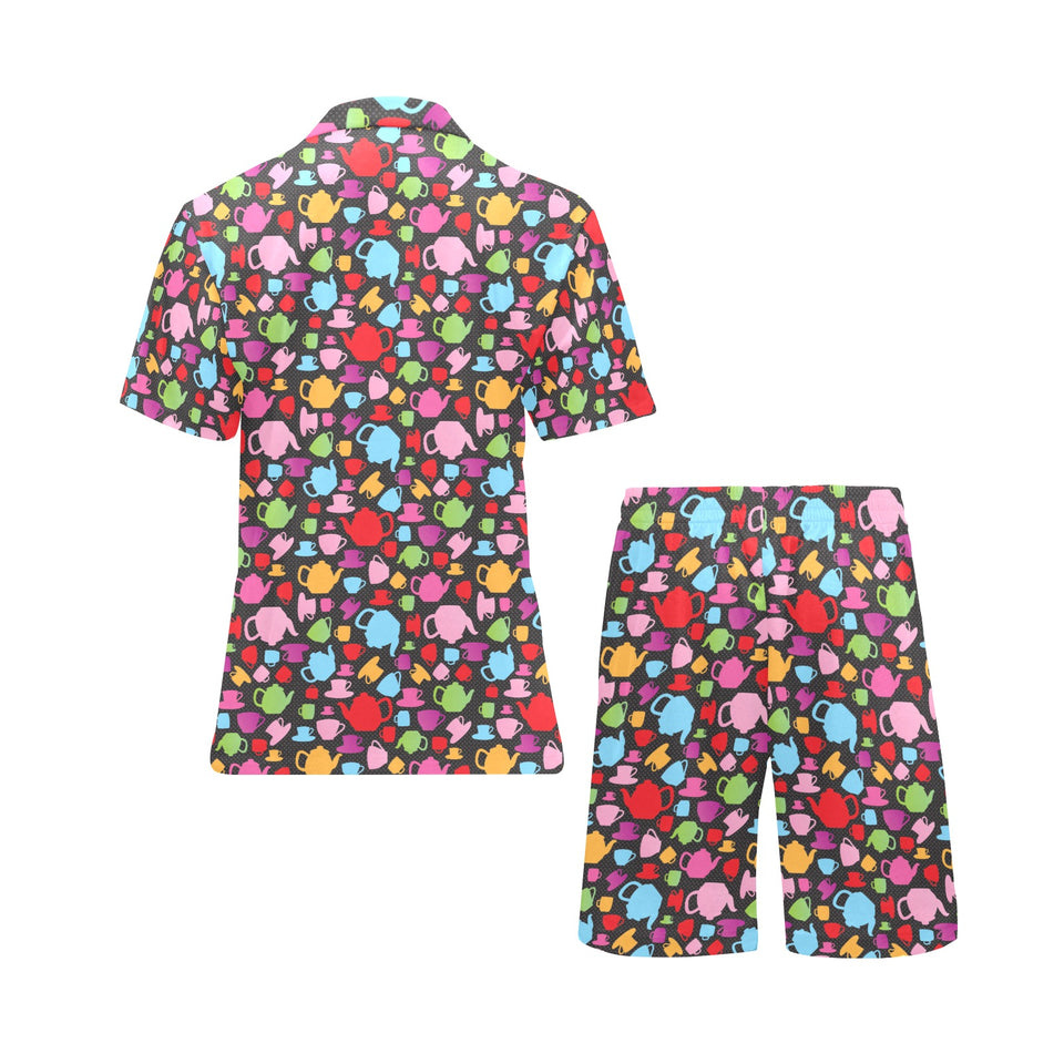 Tea pots Pattern Print Design 01 Men's V-Neck Short Pajama Set