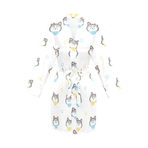 Cute Siberian Husky pattern Women's Long Sleeve Belted Night Robe