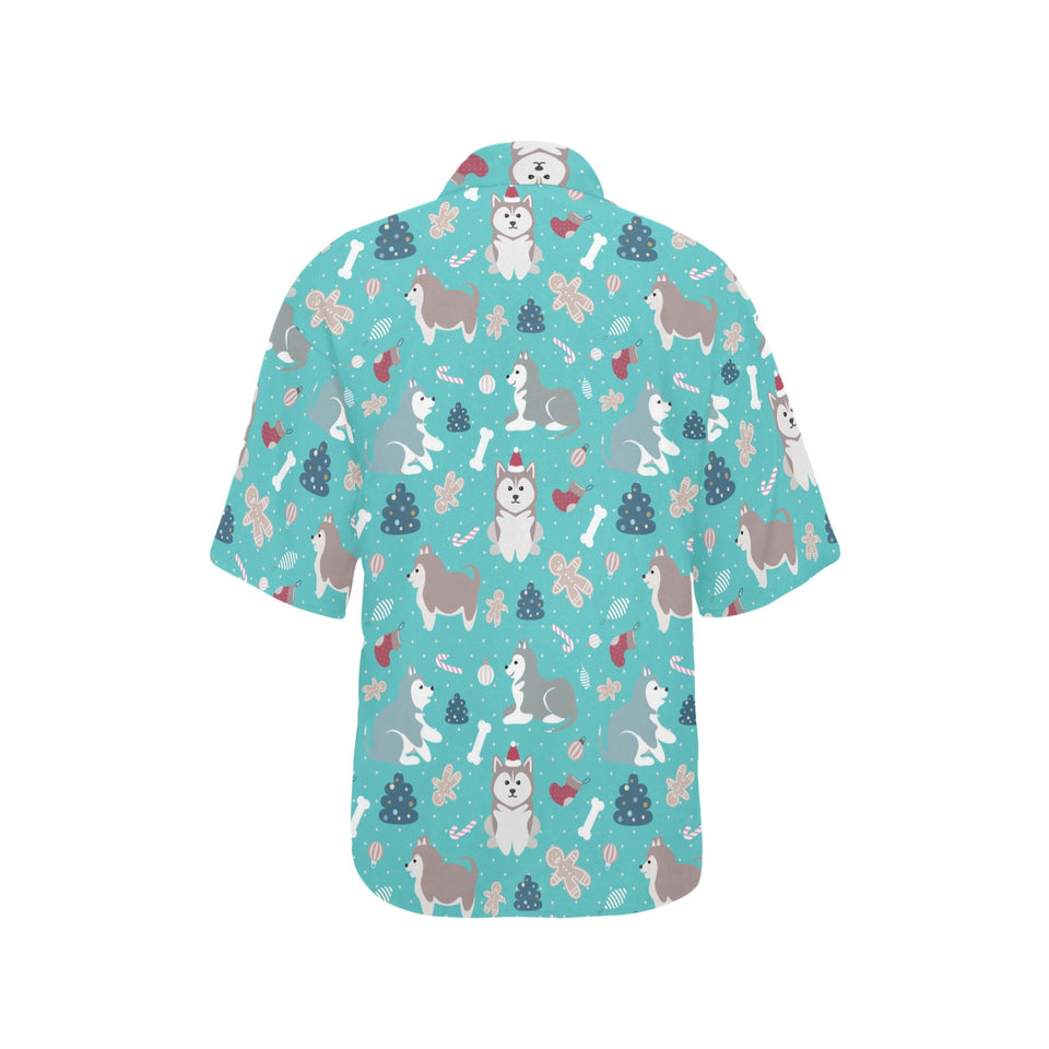 Christmas cute siberian husky puppie pattern Women's All Over Print Hawaiian Shirt