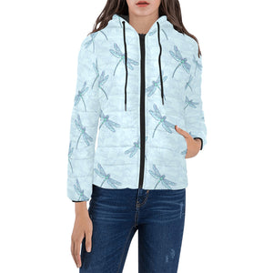 Dragonfly pattern blue background Women's Padded Hooded Jacket