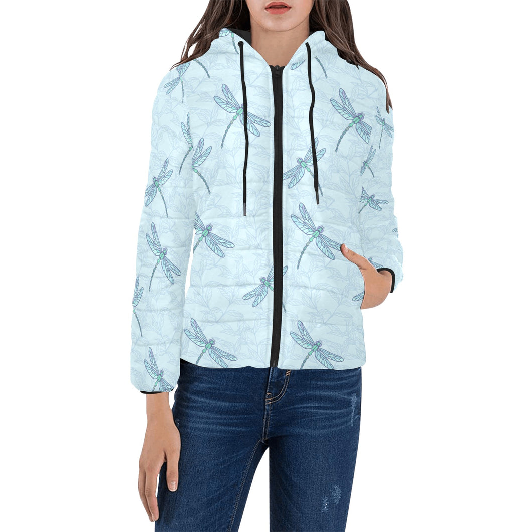 Dragonfly pattern blue background Women's Padded Hooded Jacket