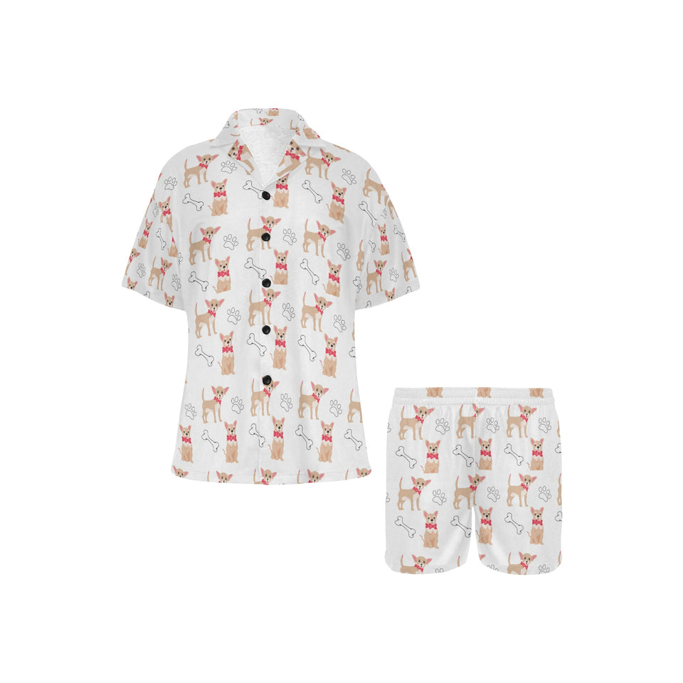 Chihuahua bone paw pattern Women's V-Neck Short Pajama Set