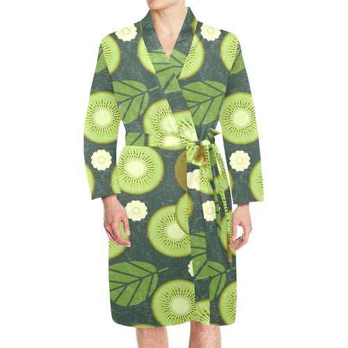 Whole sliced kiwi leave and flower Men's Long Sleeve Belted Night Robe