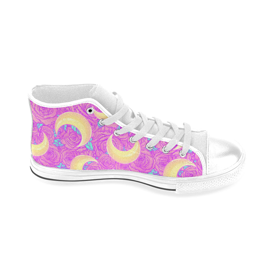 Moon pink rose background Men's High Top Canvas Shoes White