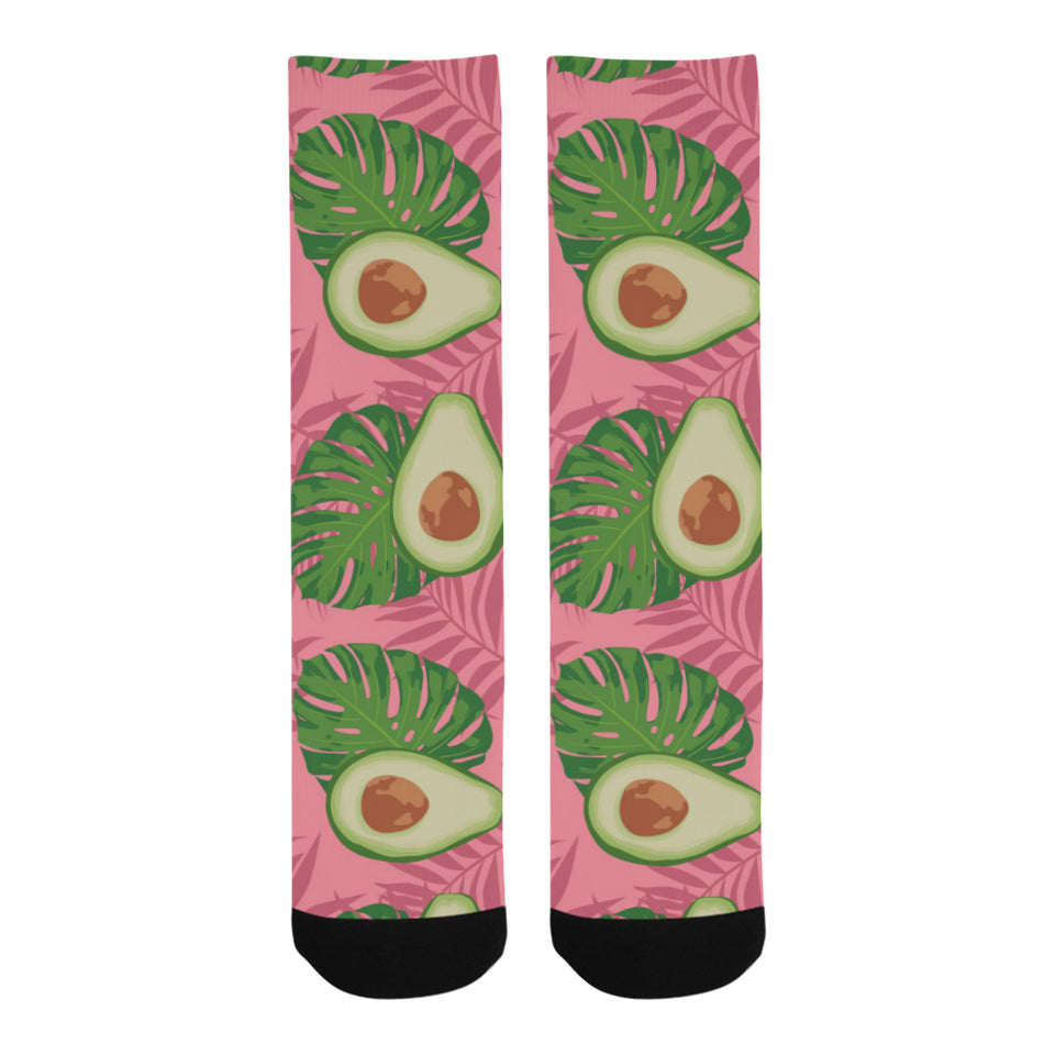Avocado slices leaves pink back ground Crew Socks