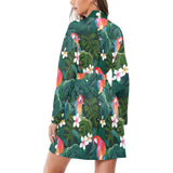 Parrot Palm tree leaves flower hibiscus pattern Women's Long Sleeve Belted Night Robe