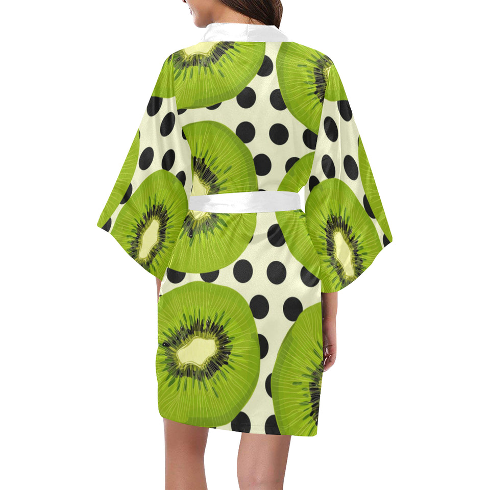 kiwi black dot background Women's Short Kimono Robe