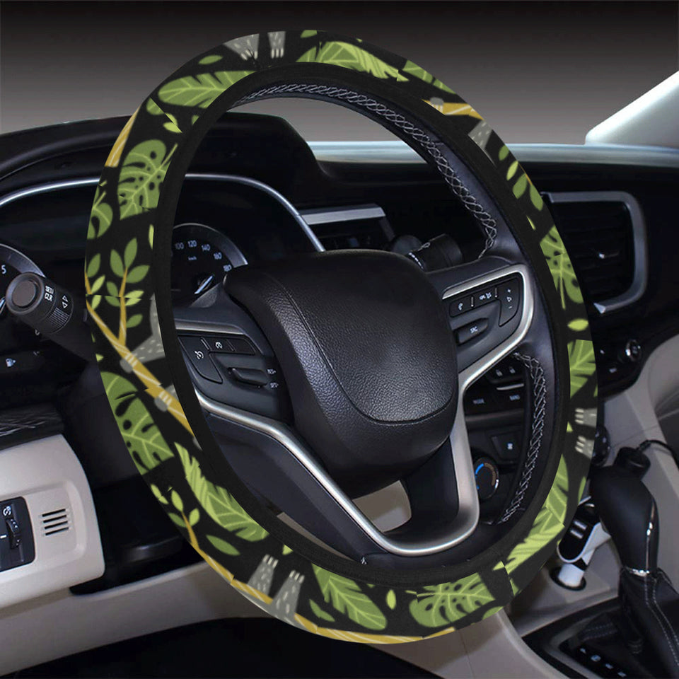 Cute sloths tropical palm leaves black background Car Steering Wheel Cover