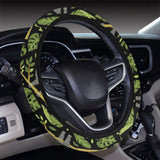Cute sloths tropical palm leaves black background Car Steering Wheel Cover