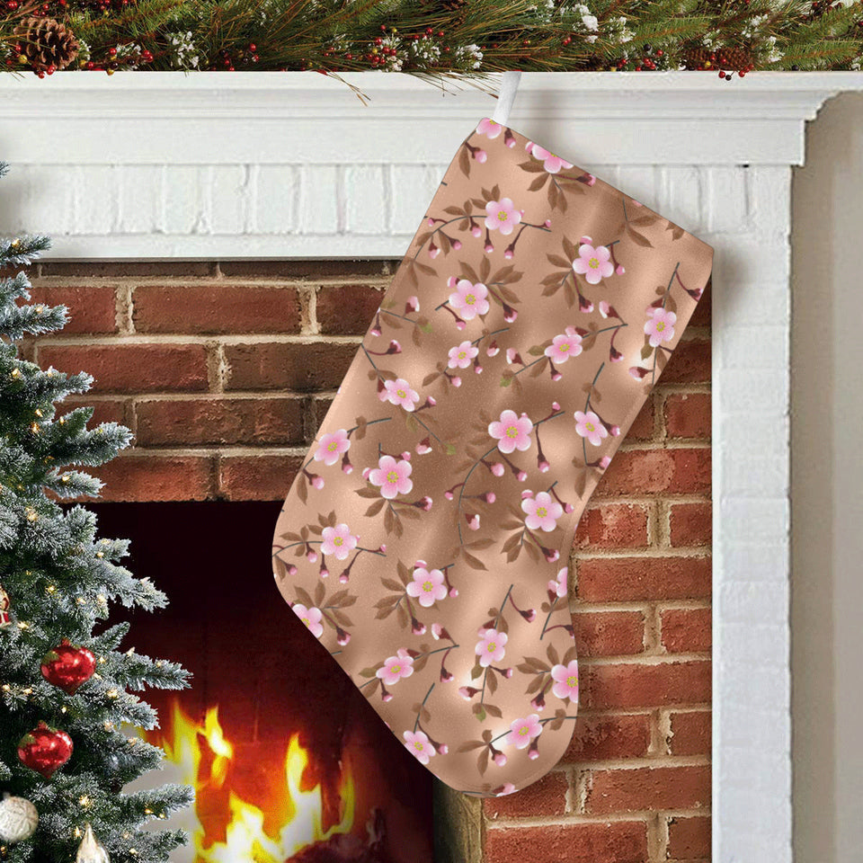 Pink sakura cherry blossom drak brown background Christmas Stocking