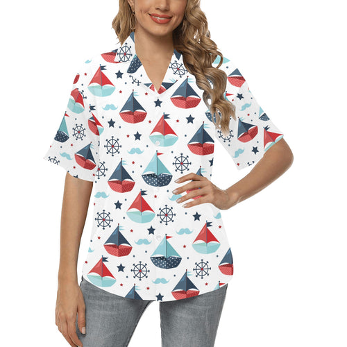 Cute color paper sailboat pattern Women's All Over Print Hawaiian Shirt