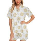 Gold Ornamental lotue waterlily symbol pattern Women's V-Neck Short Pajama Set