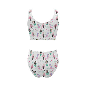 cute mermaid dolphin fish starfish pattern Chest Bowknot High Waisted Bikini Swimsuit