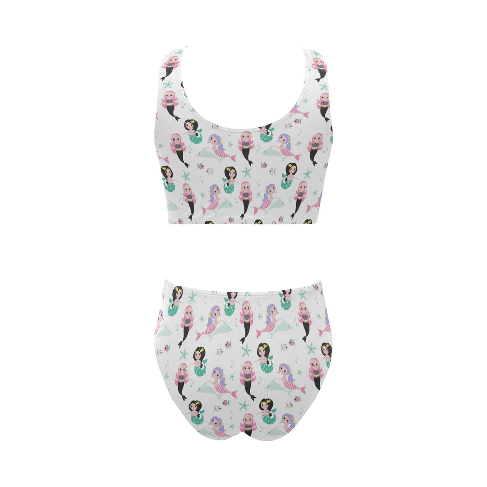 cute mermaid dolphin fish starfish pattern Chest Bowknot High Waisted Bikini Swimsuit
