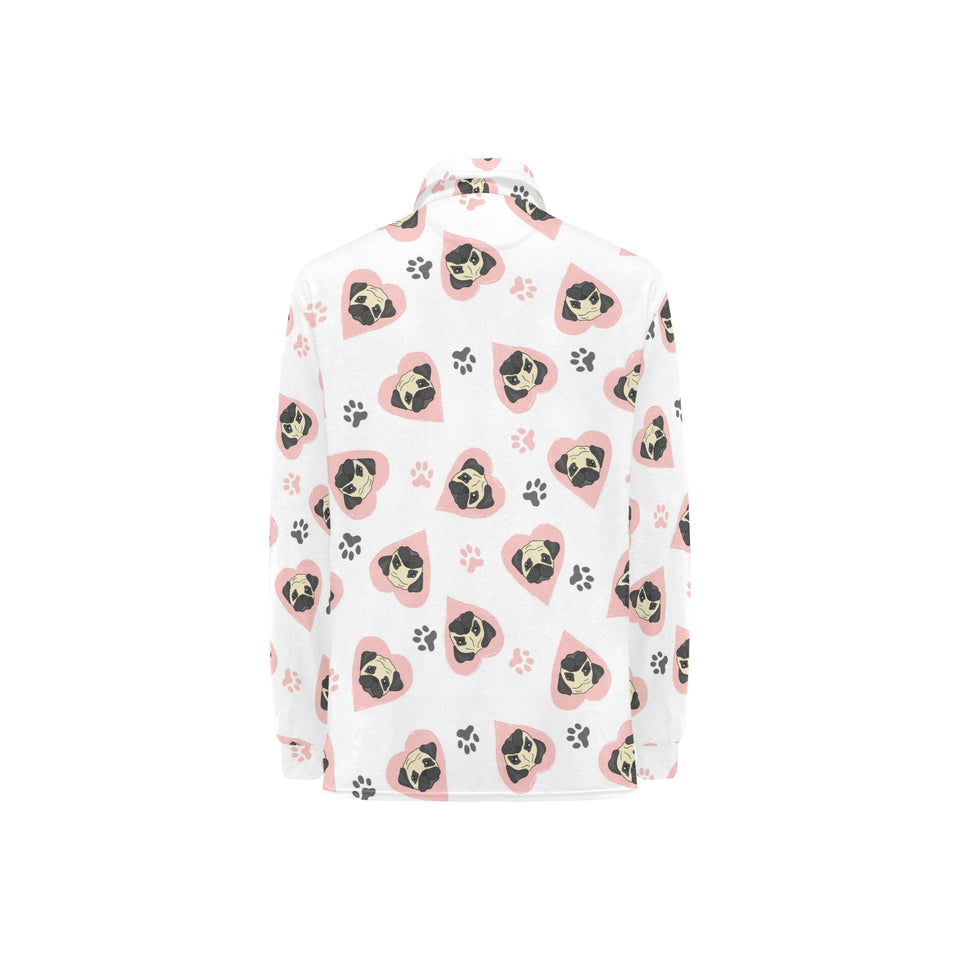 Cute pugs pink heart paw pattern Women's Long Sleeve Polo Shirt