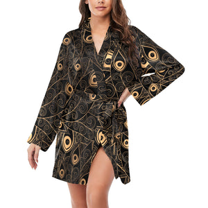 Gold peacock feather pattern Women's Long Sleeve Belted Night Robe