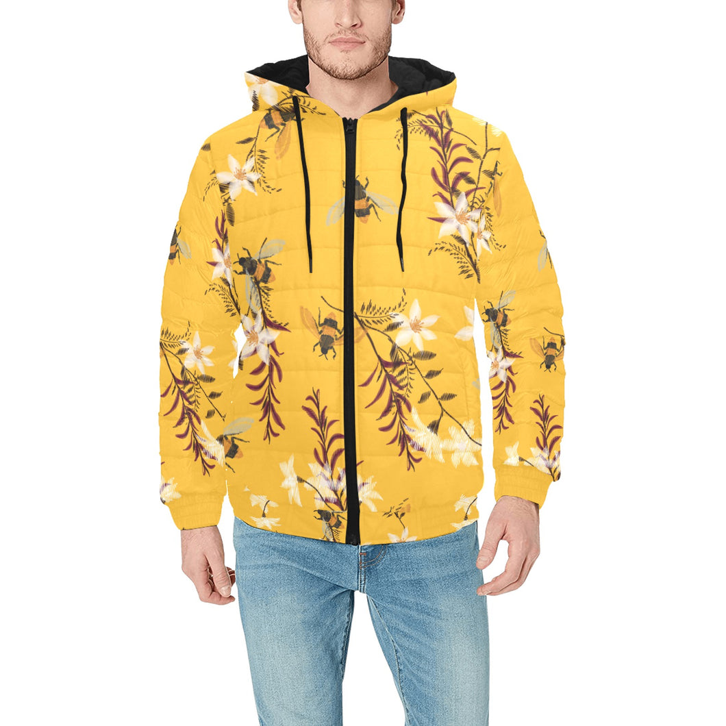 Bee flower pattern Men's Padded Hooded Jacket