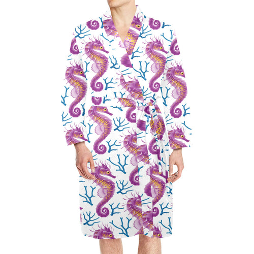 Purple seahorse blue coral pattern Men's Long Sleeve Belted Night Robe