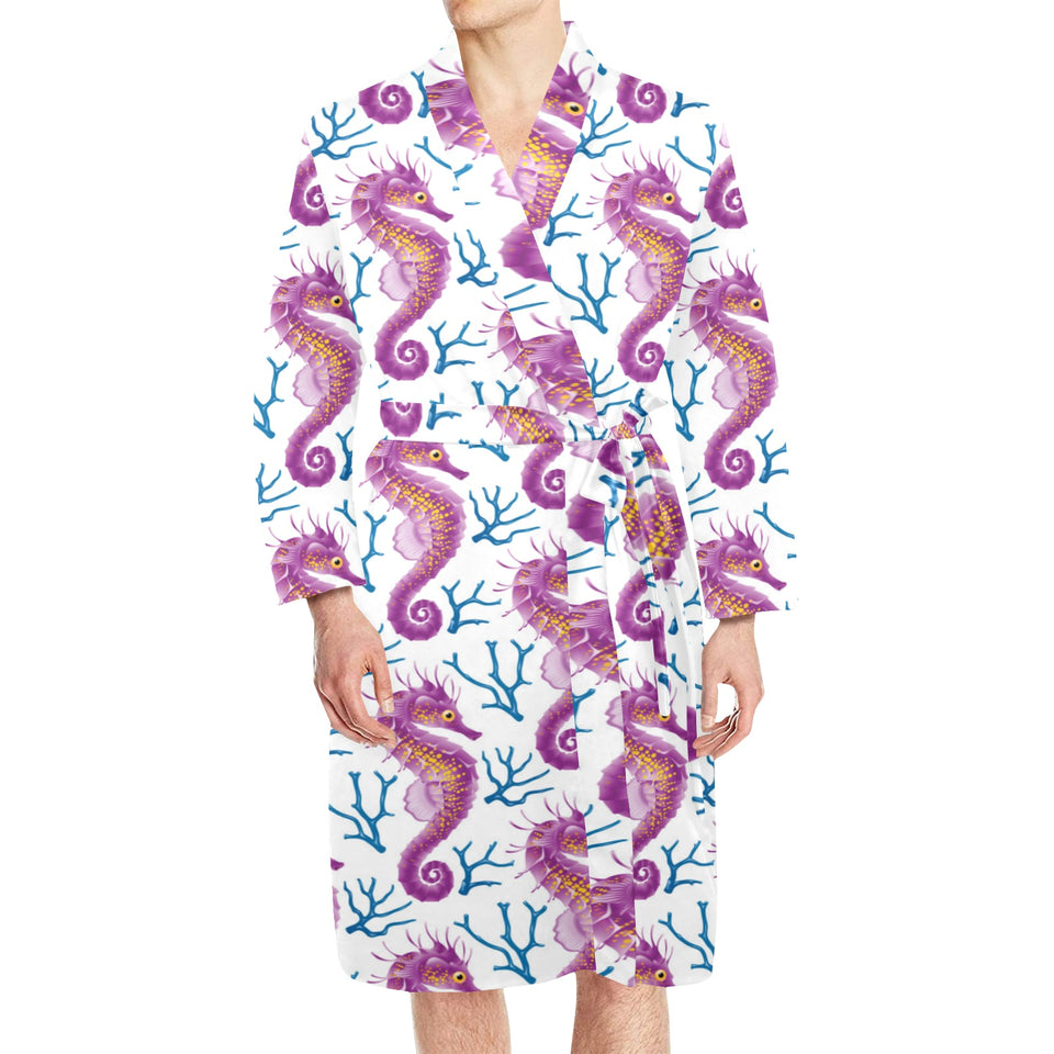Purple seahorse blue coral pattern Men's Long Sleeve Belted Night Robe