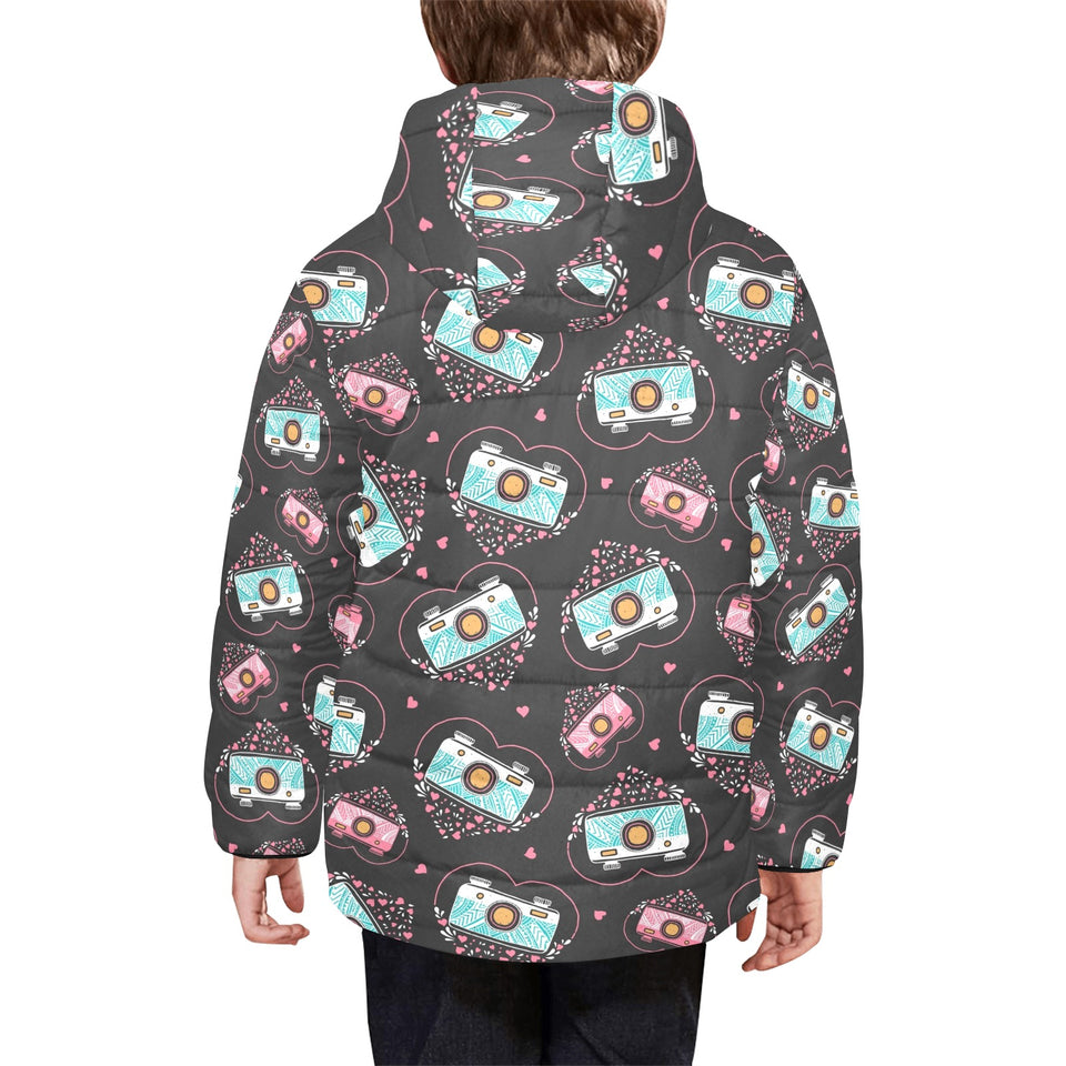 Camera Pattern Print Design 04 Kids' Boys' Girls' Padded Hooded Jacket