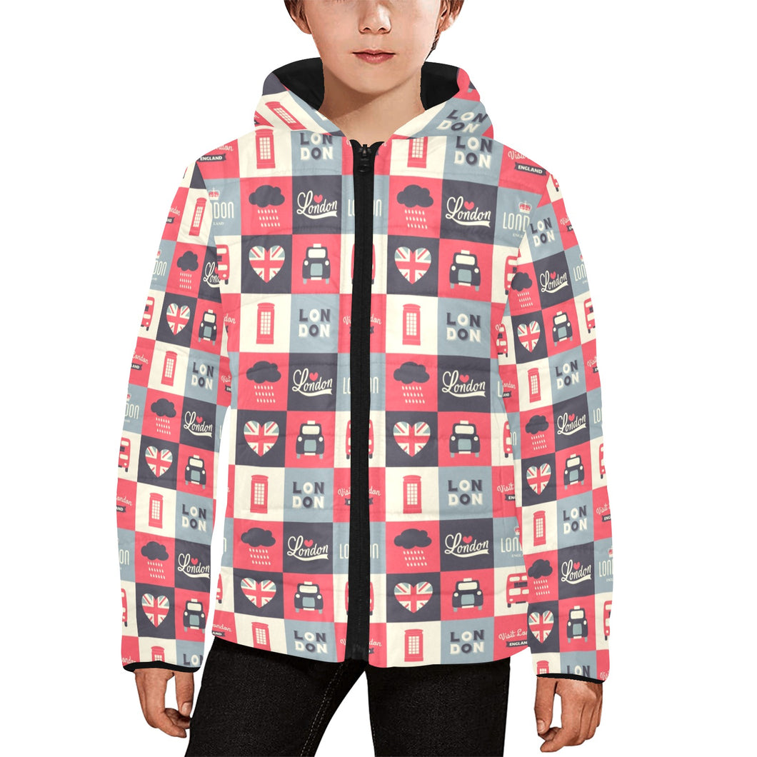 British Pattern Print Design 05 Kids' Boys' Girls' Padded Hooded Jacket