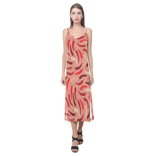 Beautiful Chili peppers pattern V-Neck Open Fork Long Dress