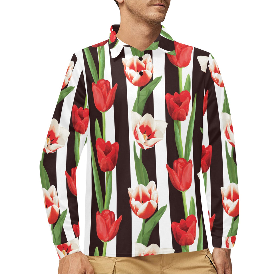 red and white tulips pattern Men's Long Sleeve Polo Shirt