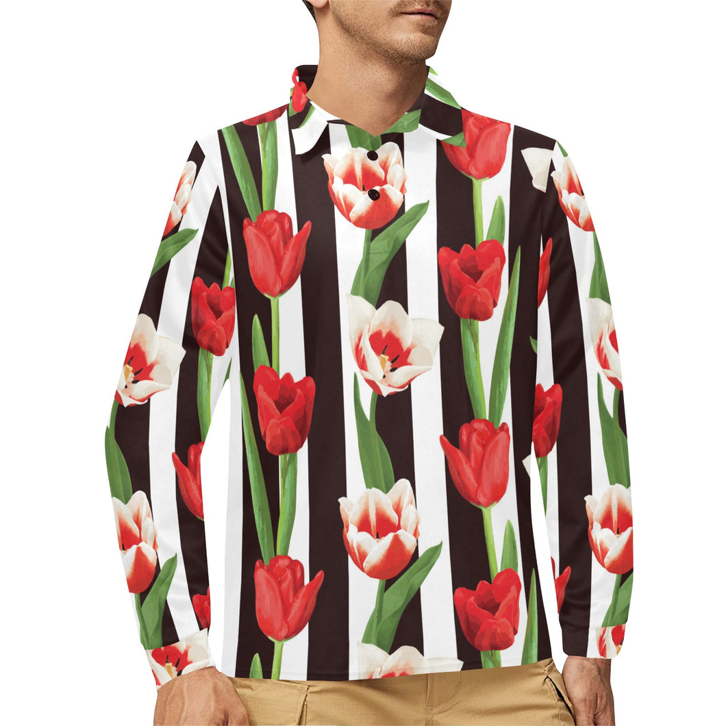 red and white tulips pattern Men's Long Sleeve Polo Shirt