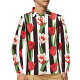 red and white tulips pattern Men's Long Sleeve Polo Shirt