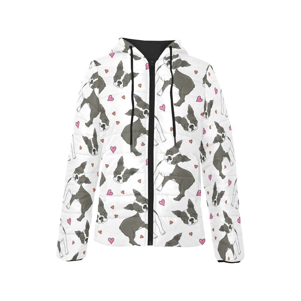 Boston terrier dog hearts vector pattern Women's Padded Hooded Jacket