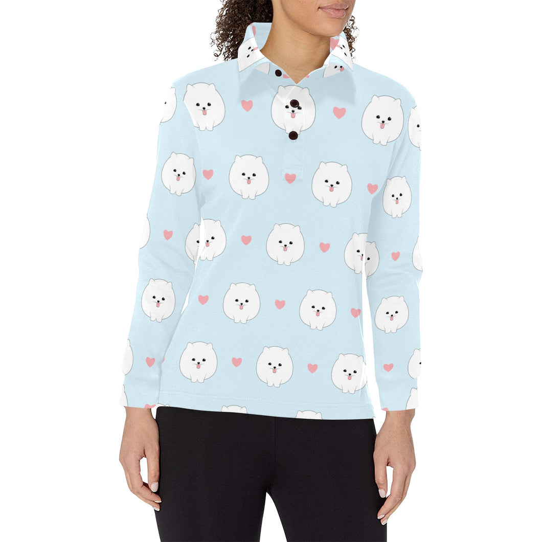 White cute pomeranian pattern Women's Long Sleeve Polo Shirt