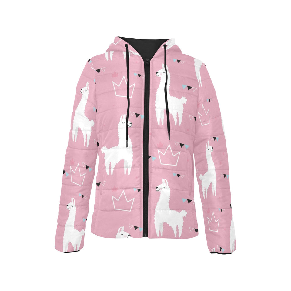 Llama Alpaca pink background Women's Padded Hooded Jacket