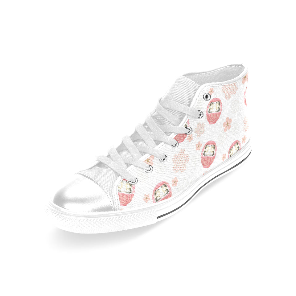 Daruma japanese wooden doll cherry blossom flower Women's High Top Canvas Shoes White