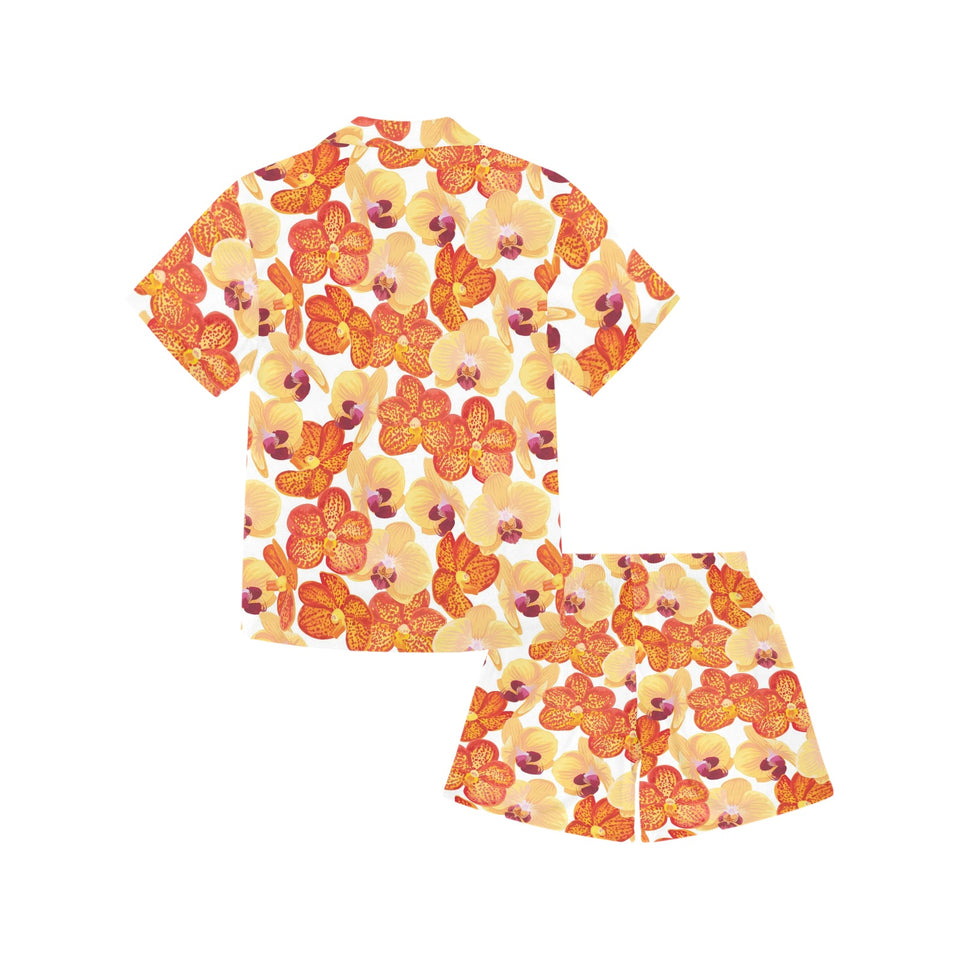 Orange yellow orchid flower pattern background Kids' Boys' Girls' V-Neck Short Pajama Set