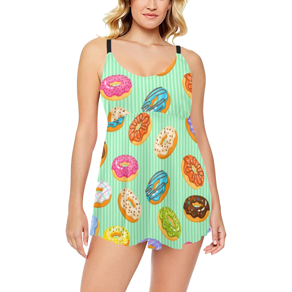 Colorful donut pattern green background Chest Sexy Pleated Two Piece Swim Dress