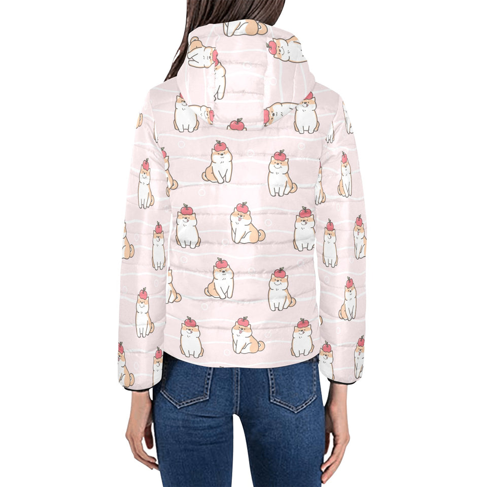 Cute Shiba Inu Dog Apple pattern Women's Padded Hooded Jacket