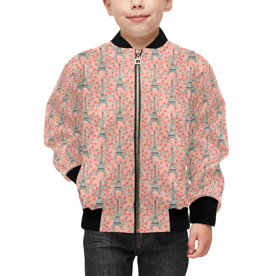 Eiffel Tower Flower Pattern Design 03 Kids' Boys' Girls' Bomber Jacket