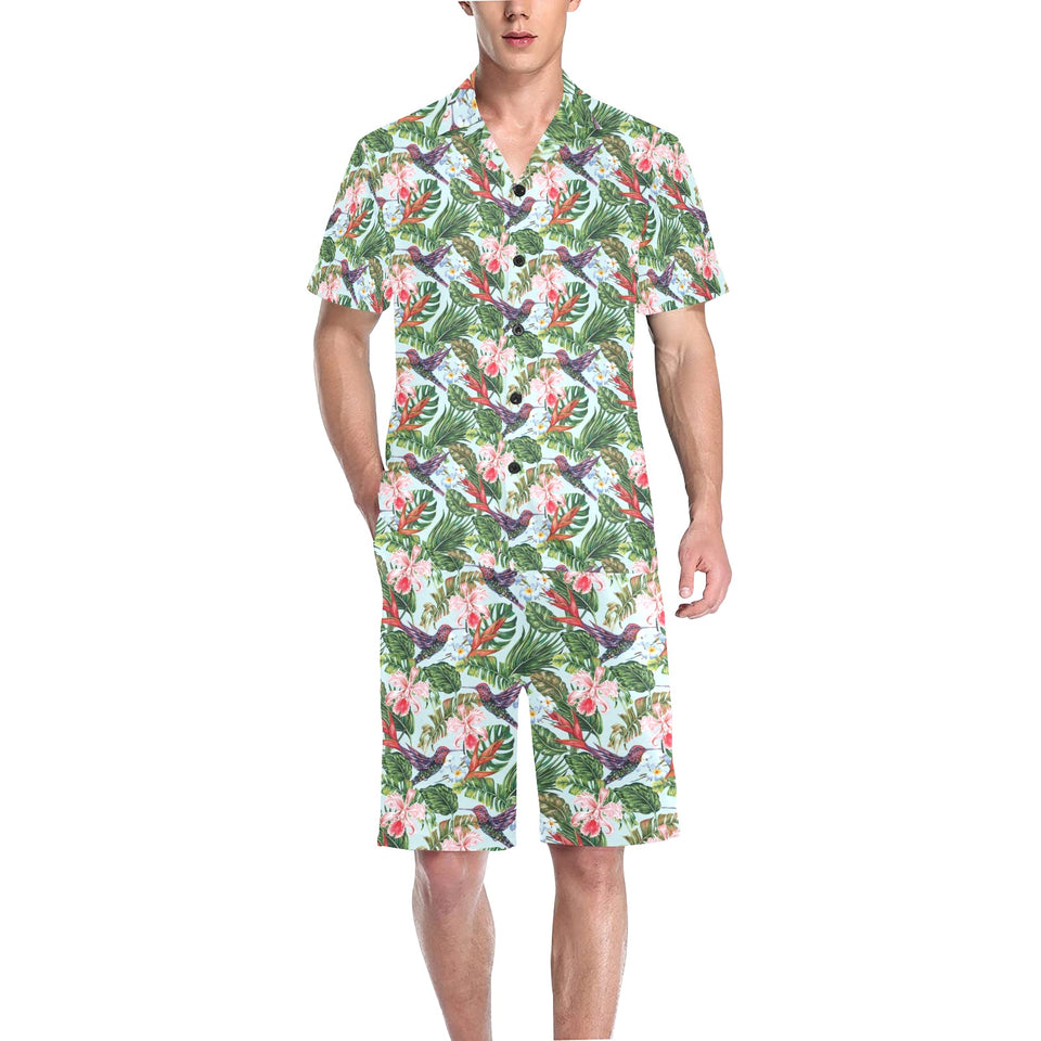 Hummingbird Pattern Print Design 05 Men's V-Neck Short Pajama Set